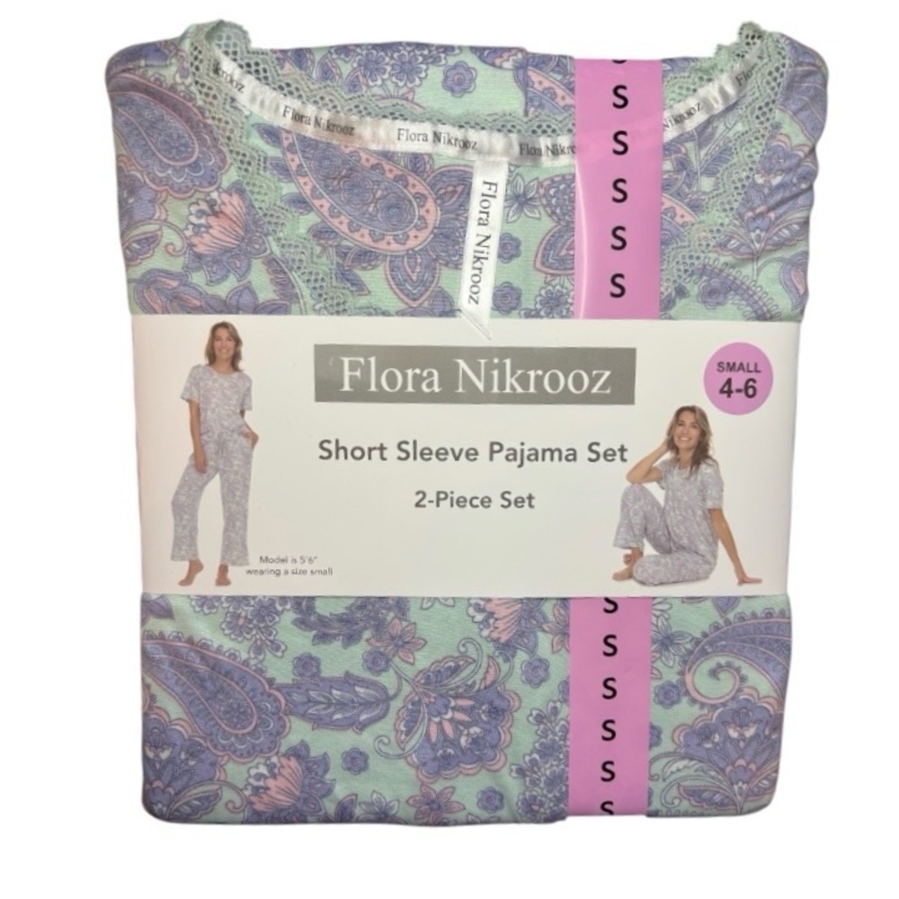 Flora Nikrooz Women Mint Green/Purple Short Sleeve Pajama Set with Pockets 😍